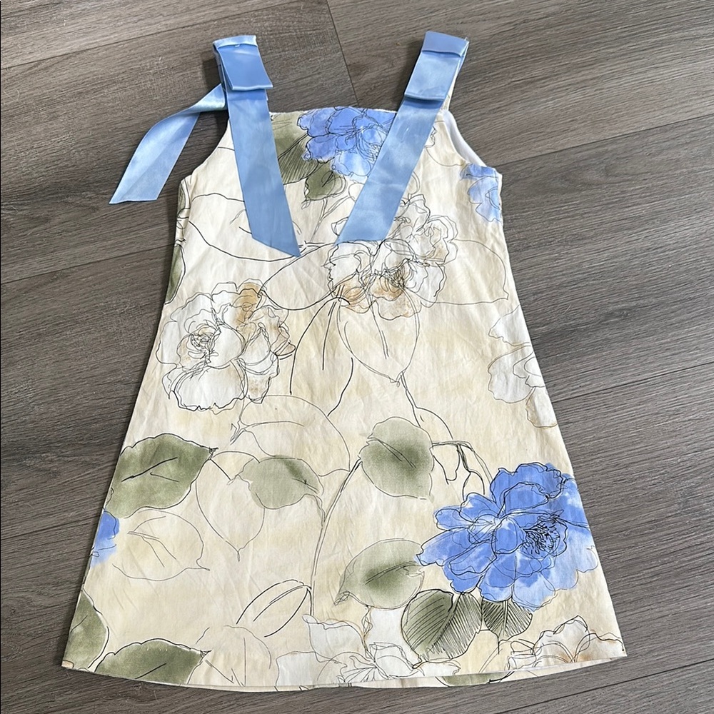 Girls Floral Tie-Shoulder Sundress in Cream and Blue